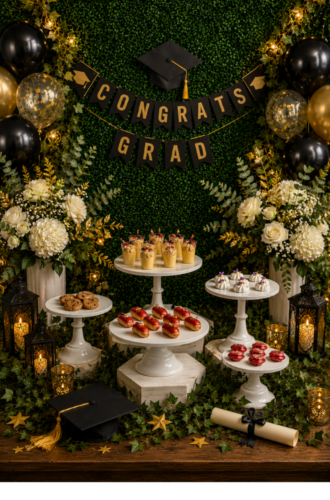 Graduation-themed dessert table by NYC Catering, with flowers, pastries, balloons, and a "Congrats Grad" banner in the background.