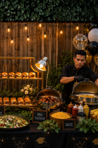 A man serves BBQ chicken at an outdoor buffet with burgers and salads under string lights for NYC Graduation Catering.