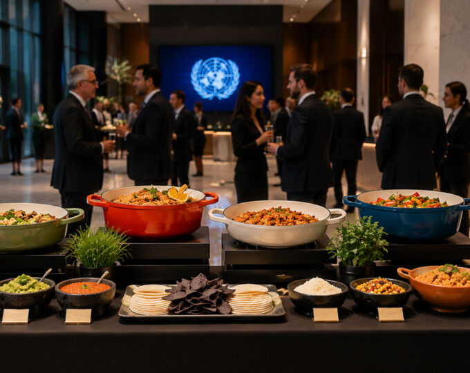 Buffet table with assorted dishes at a modern venue, catering NYC style as people in suits mingle in the background.