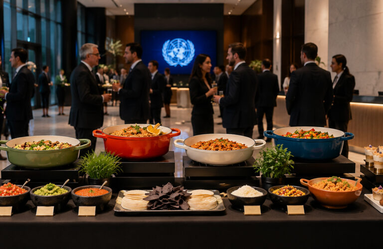 Buffet table with assorted dishes at a modern venue, catering NYC style as people in suits mingle in the background.
