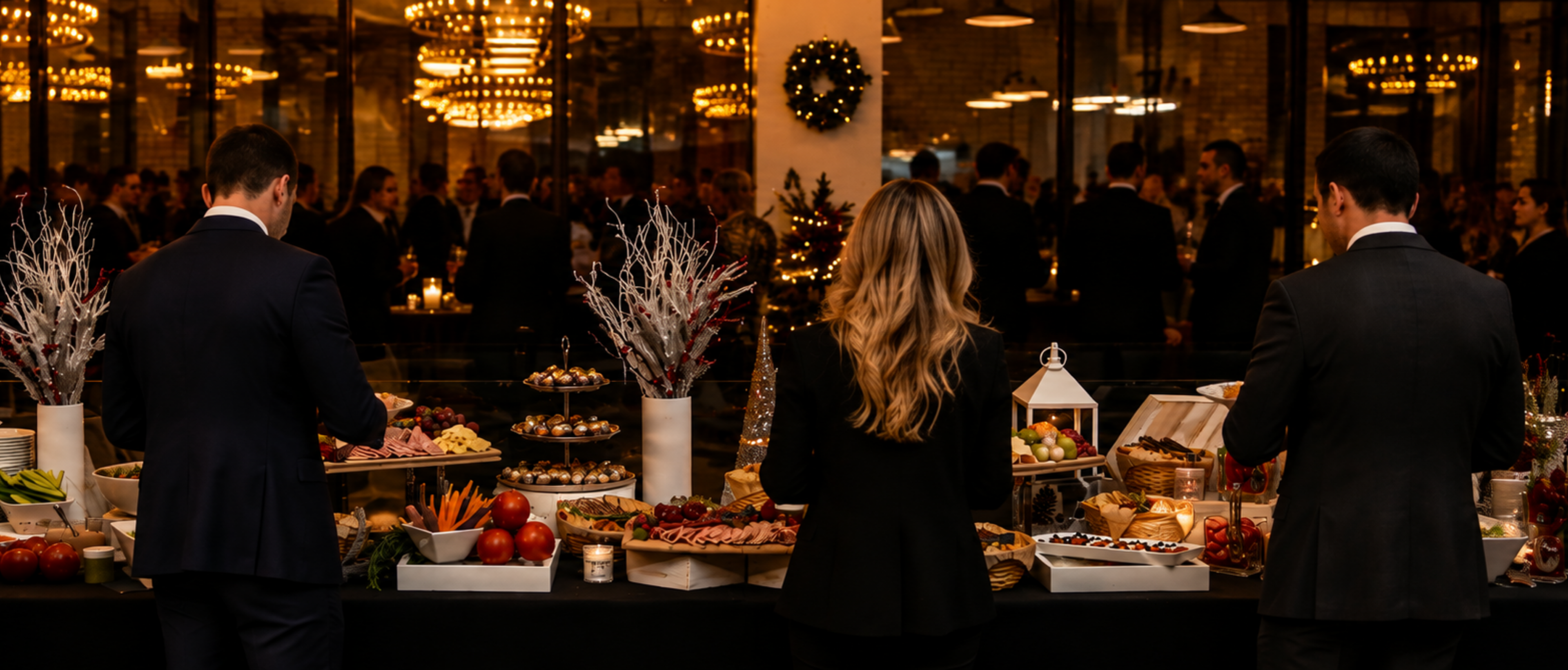 Three guests in formal attire enjoy a buffet, highlighting top-tier holiday party catering NYC at a festive event.