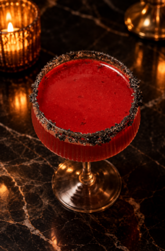 A red halloween cocktail in a stemmed glass with a dark salt rim on a marble table.